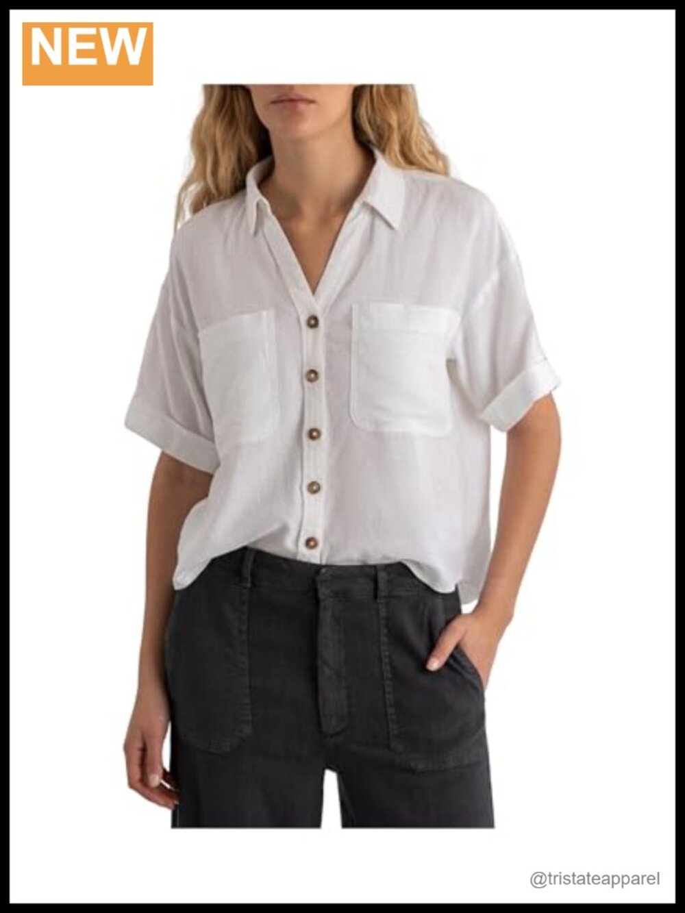Boxy Button Front Shirt Short Sleeve Pocket Relaxed Fit Cotton Blend